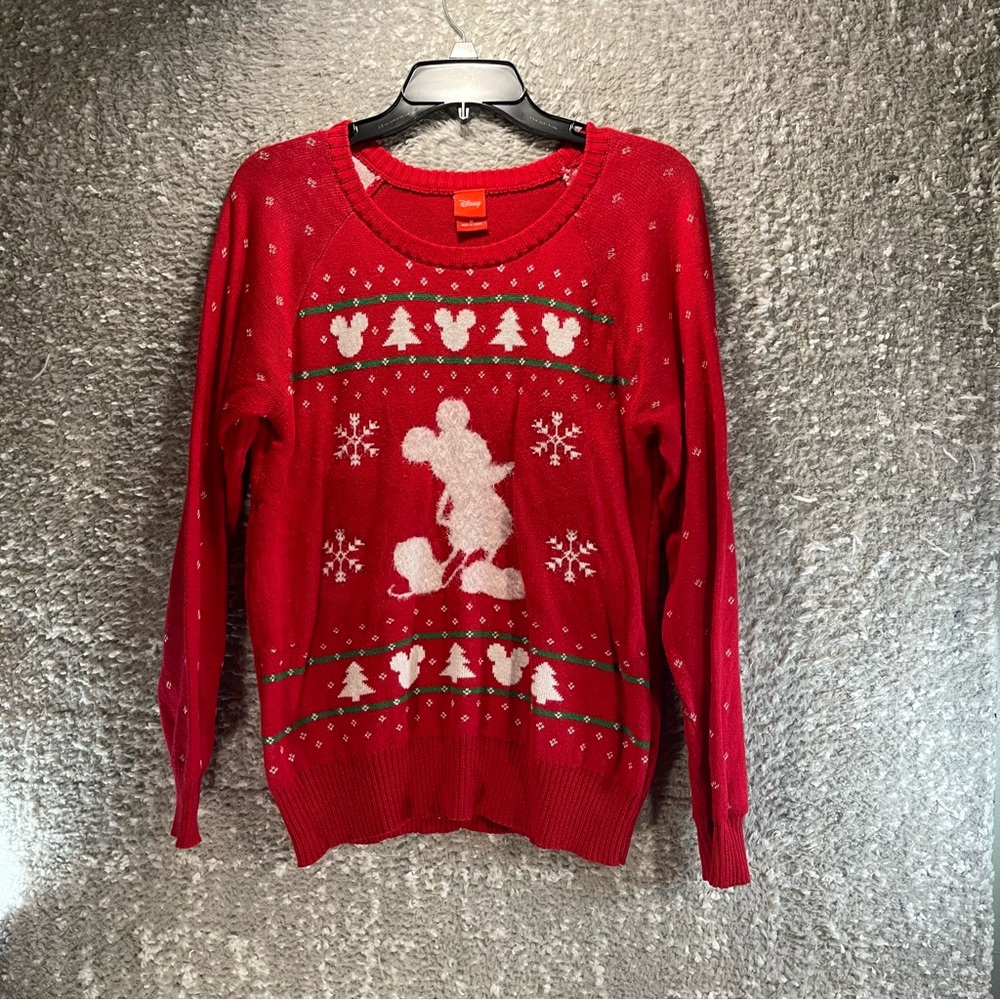 Disney Mickey Mouse Christmas Holiday Sweater Red Women Size M Cotton Polyester